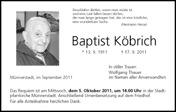 Anzeige von Baptist Köbrich von MGO