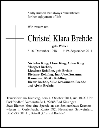 Anzeige von Christel Klara Brehde von MGO