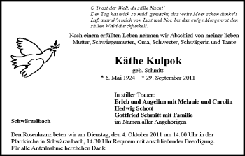 Anzeige von Käthe Kulpok von MGO