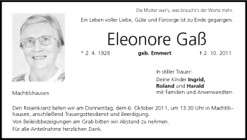 Anzeige von Eleonore Gaß von MGO