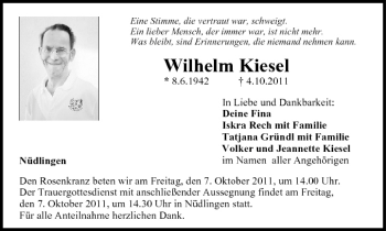 Anzeige von Wilhelm Kiesel von MGO
