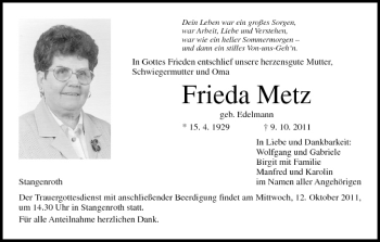 Anzeige von Frieda Metz von MGO