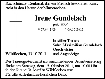 Anzeige von Irene Gundelach von MGO