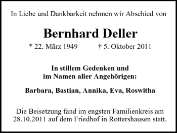 Anzeige von Bernhard Deller von MGO
