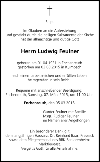 Anzeige von Ludwig Feulner von MGO