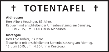 Anzeige von Totentafel vom 13.06.2015 von MGO