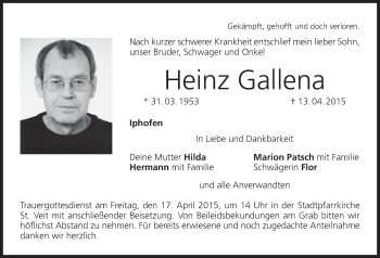 Anzeige von Heinz Gallena von MGO