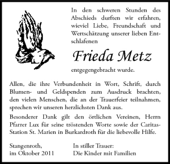 Anzeige von Frieda Metz von MGO
