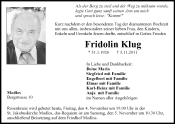 Anzeige von Fridolin Klug von MGO