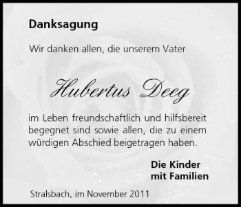 Anzeige von Hubertus Deeg von MGO