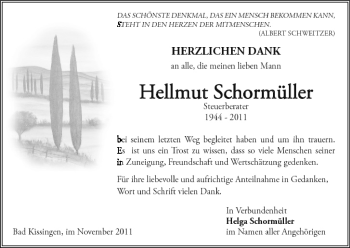 Anzeige von Hellmut Schormüller von MGO