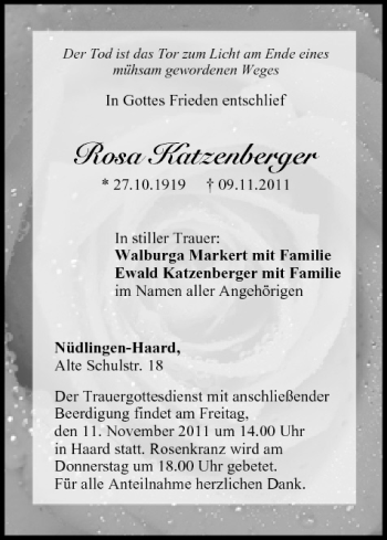 Anzeige von Rosa Katzenberger von MGO