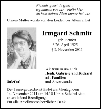 Anzeige von Irmgard Schmitt von MGO