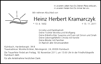 Anzeige von Heinz Herbert Kramarczyk von MGO