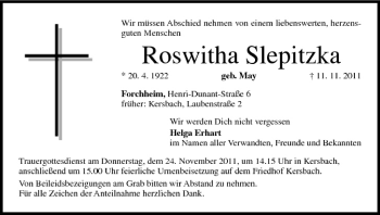 Anzeige von Roswitha Slepitzka von MGO