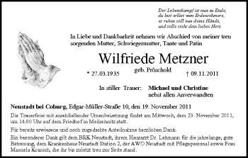 Anzeige von Wilfriede Metzner von MGO