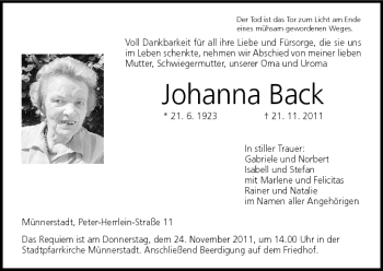 Anzeige von Johanna Back von MGO