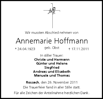 Anzeige von Annemarie Hoffmann von MGO