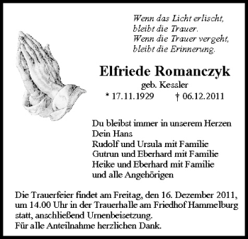 Anzeige von Elfriede Romanczyk von MGO