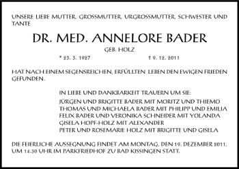 Anzeige von Annelore Bader von MGO