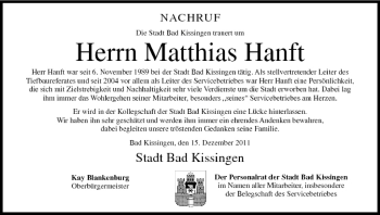 Anzeige von Matthias Hanft von MGO
