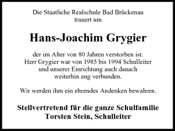 Anzeige von Hans-Joachim Grygier von MGO
