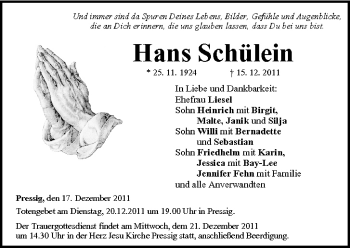 Anzeige von Hans Schülein von MGO