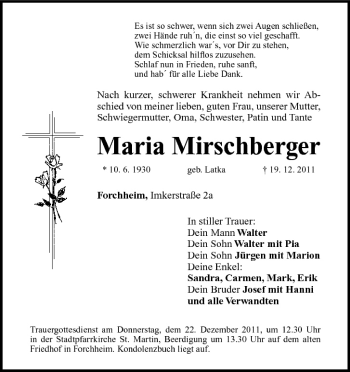Anzeige von Maria Mirschberger von MGO