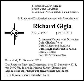 Anzeige von Richard Gigla von MGO