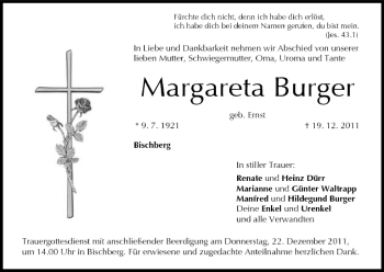 Anzeige von Margareta Burger von MGO