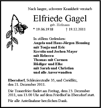 Anzeige von Elfriede Gagel von MGO