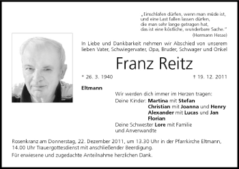 Anzeige von Franz Reitz von MGO