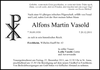 Anzeige von Alfons Martin Vasold von MGO