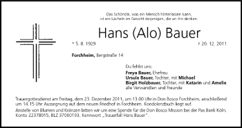 Anzeige von Hans Bauer von MGO