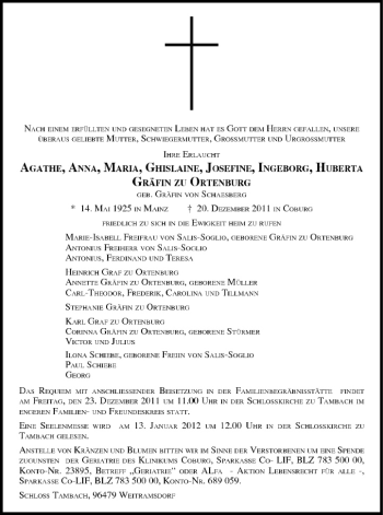 Anzeige von Agathe Gräfin zu Ortenburg von MGO