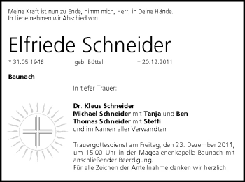 Anzeige von Elfriede Schneider von MGO