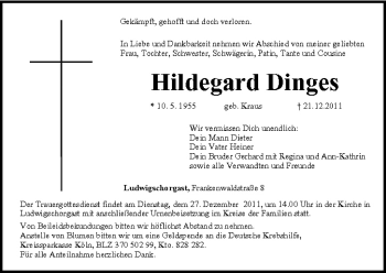 Anzeige von Hildegard Dinges von MGO