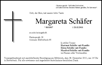 Anzeige von Margareta Schäfer von MGO