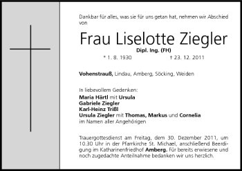 Anzeige von Liselotte Ziegler von MGO