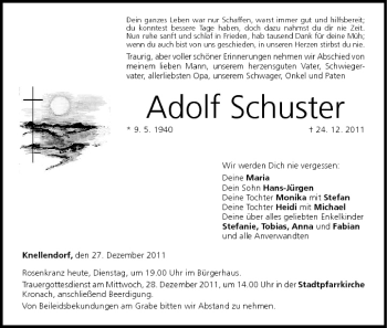 Anzeige von Adolf Schuster von MGO