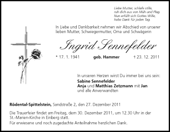 Anzeige von Ingrid Sennefelder von MGO