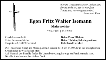 Anzeige von Egon Fritz Walter Isemann von MGO
