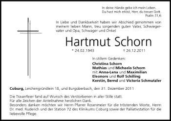 Anzeige von Hartmut Schorn von MGO