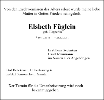 Anzeige von Elsbeth Füglein von MGO