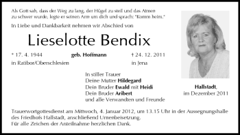 Anzeige von Lieselotte Bendix von MGO