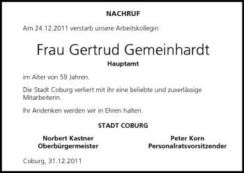 Anzeige von Gertrud Gemeinhardt von MGO