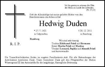 Anzeige von Hedwig Duden von MGO