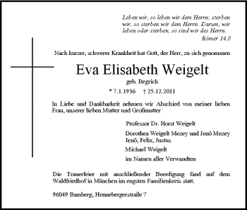Anzeige von Eva Elisabeth Weigelt von MGO