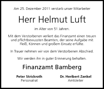 Anzeige von Helmut Luft von MGO