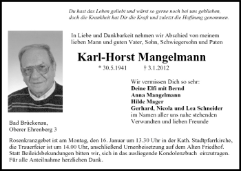 Anzeige von Karl-Horst Mangelmann von MGO